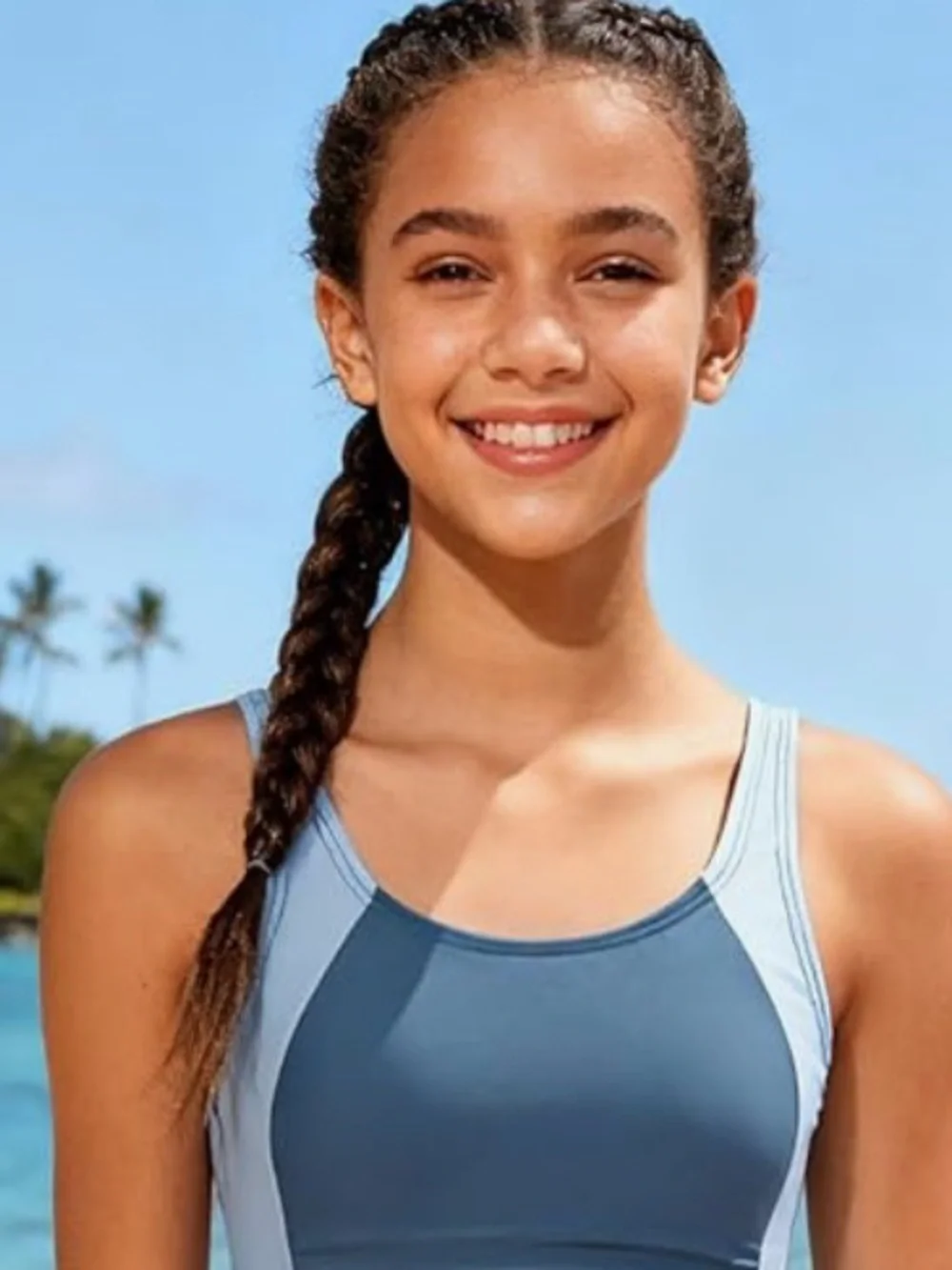 NWT-15-16 Girl Grey-Blue Adjustable Strap Color Block Padded Pool Beach Swimwear